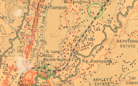Peta lokasi asal Kampung Kepayang (1919), di antara Gunung Cheroh di sebelah barat daya, sehingga Gunung Matsurat di sebelah timur laut (mercu-mercu tanda dibulatkan hijau)