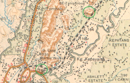 Peta lokasi asal Kampung Kepayang (1926), di antara Gunung Cheroh di sebelah barat daya, sehingga Gunung Matsurat di sebelah timur laut (mercu-mercu tanda dibulatkan hijau)