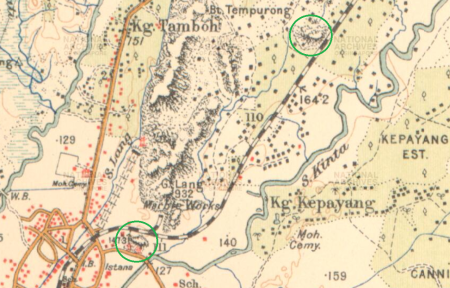 Peta lokasi asal Kampung Kepayang (1933), di antara Gunung Cheroh di sebelah barat daya, sehingga Gunung Matsurat di sebelah timur laut (mercu-mercu tanda dibulatkan hijau)