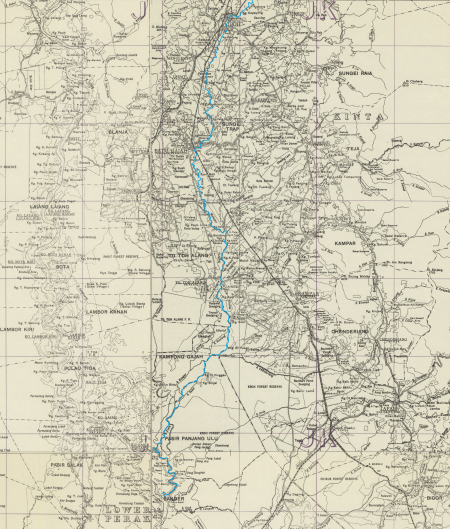 Peta Sungai Kinta, dari kuala sungai di Sungai Perak di selatan, hingga setakat Ipoh di utara (ditandakan biru), 1929