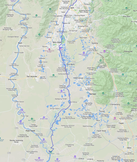 Peta Sungai Kinta, dari kuala sungai di Sungai Perak di selatan, hingga setakat Ipoh di utara (ditandakan biru), 2025
